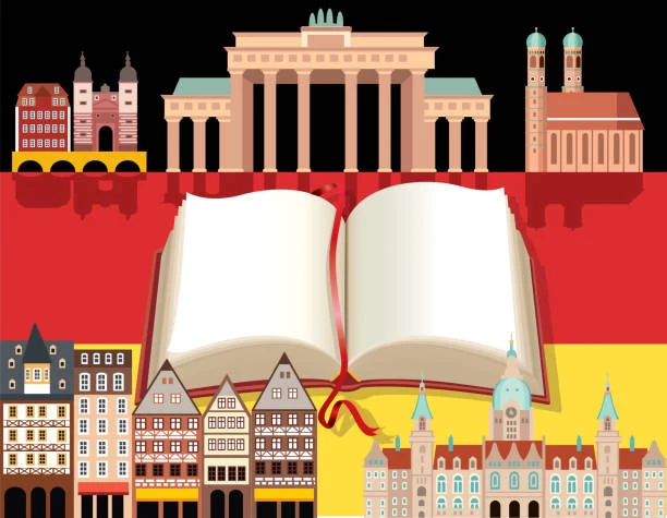 Almanya bayrağı üzerinde Brandenburg Kapısı ve açık kitap illüstrasyonu