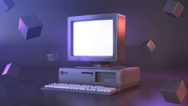 Mor ışıklı retro bilgisayar ve klavye, vintage teknoloji konsepti